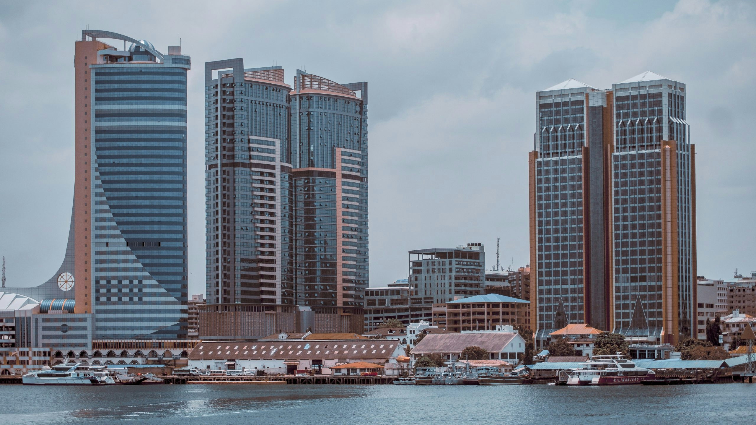Urban landscape in Dar es Salaam with modern buildings and local businesses