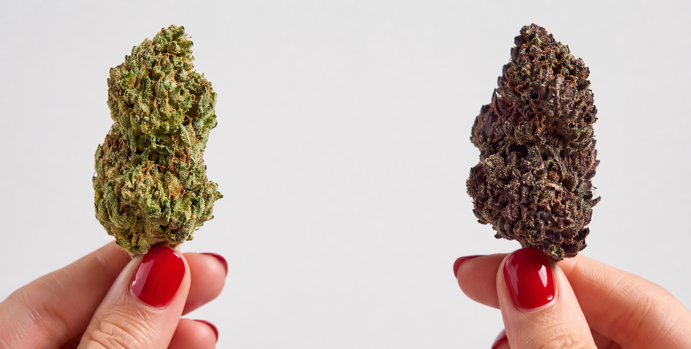 Person holding Pink Runtz strain in one hand and Gelato strain in the othern comparison