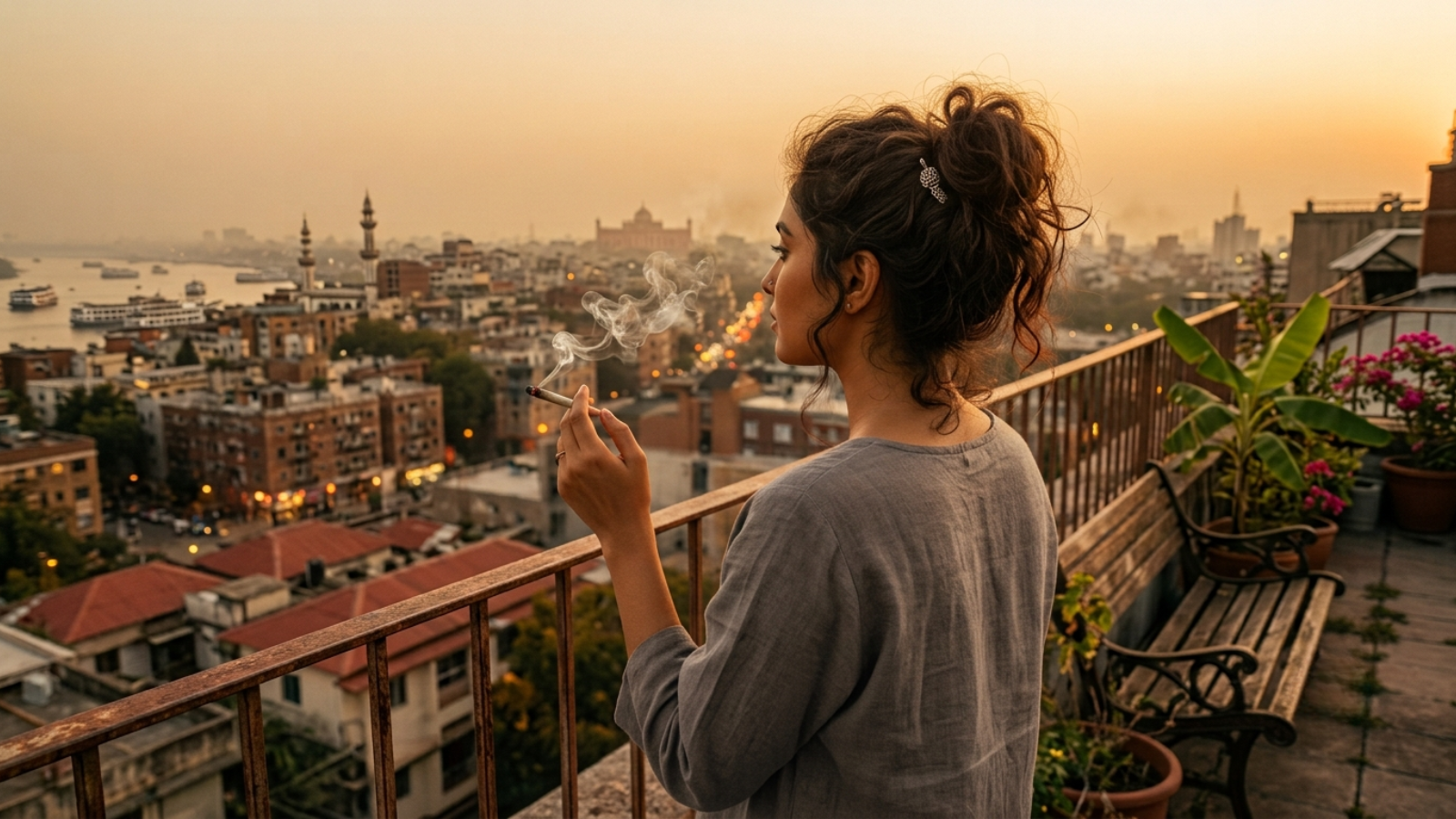 Solo figure gazing across illuminated city lights from peaceful rooftop at dusk