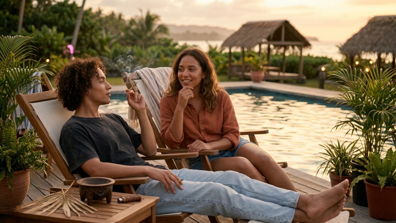 Casual evening poolside conversation during golden hour with cannabis lifestyle vibes