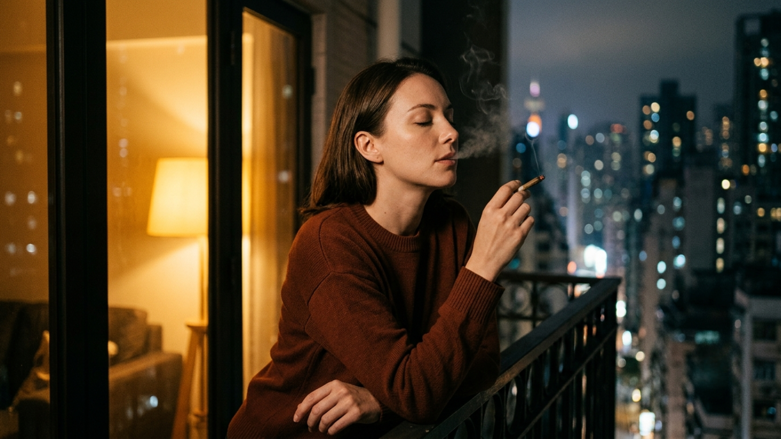 Solo woman smoking on an apartment balcony overlooking a nighttime city skyline.