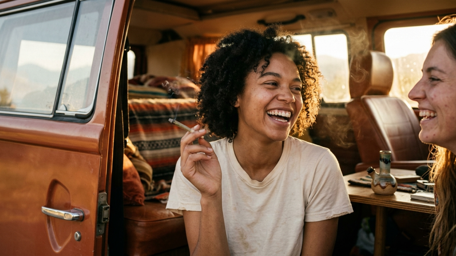 Warm, nostalgic portrait of smiling young women enjoying cannabis in a classic van.