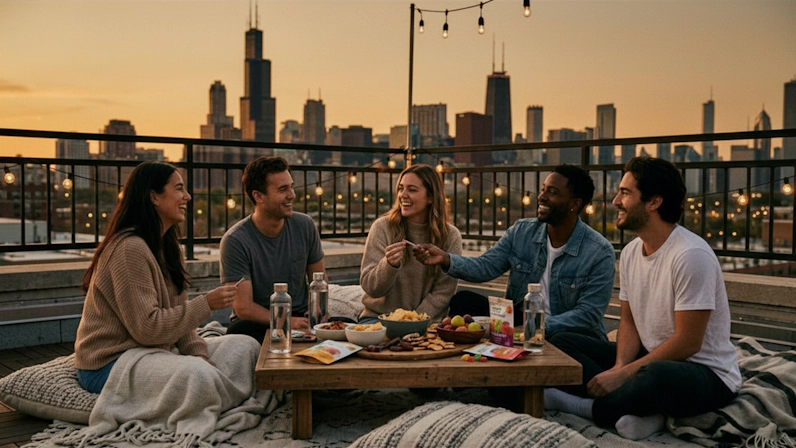 Cozy rooftop gathering at dusk featuring friends, snacks, and city views