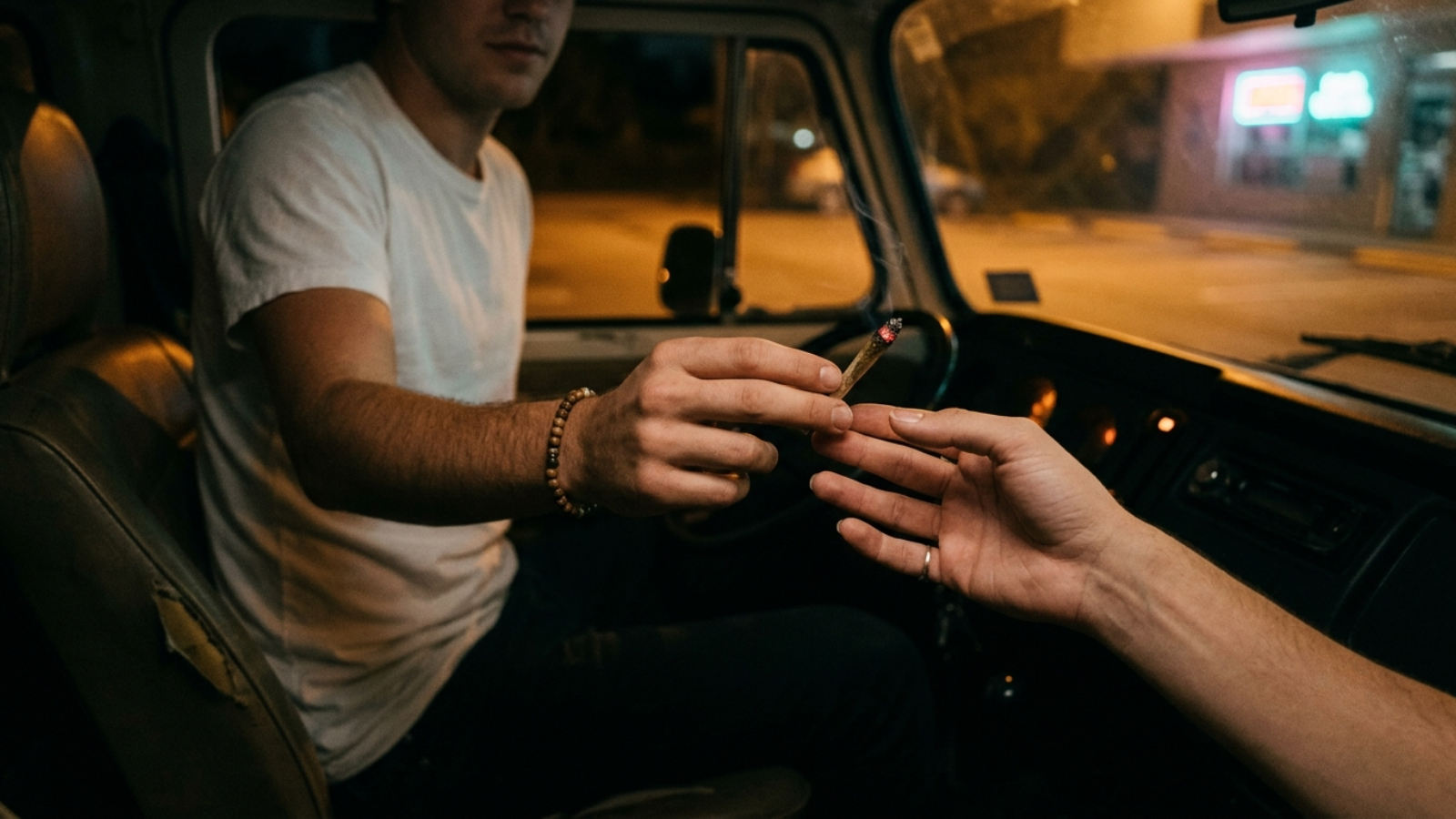 Hands passing lit joint between friends in a dark parked car