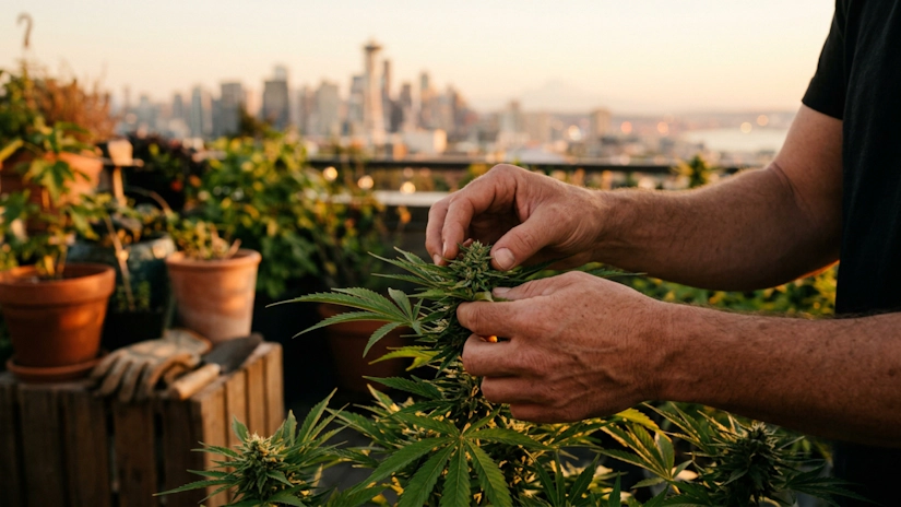 Close-up of hands caring for cannabis plants with Seattle skyline backdrop