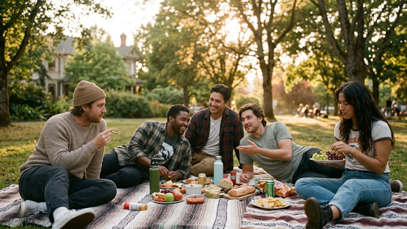 Friends hanging out outdoors at a park picnic during a lazy summer afternoon