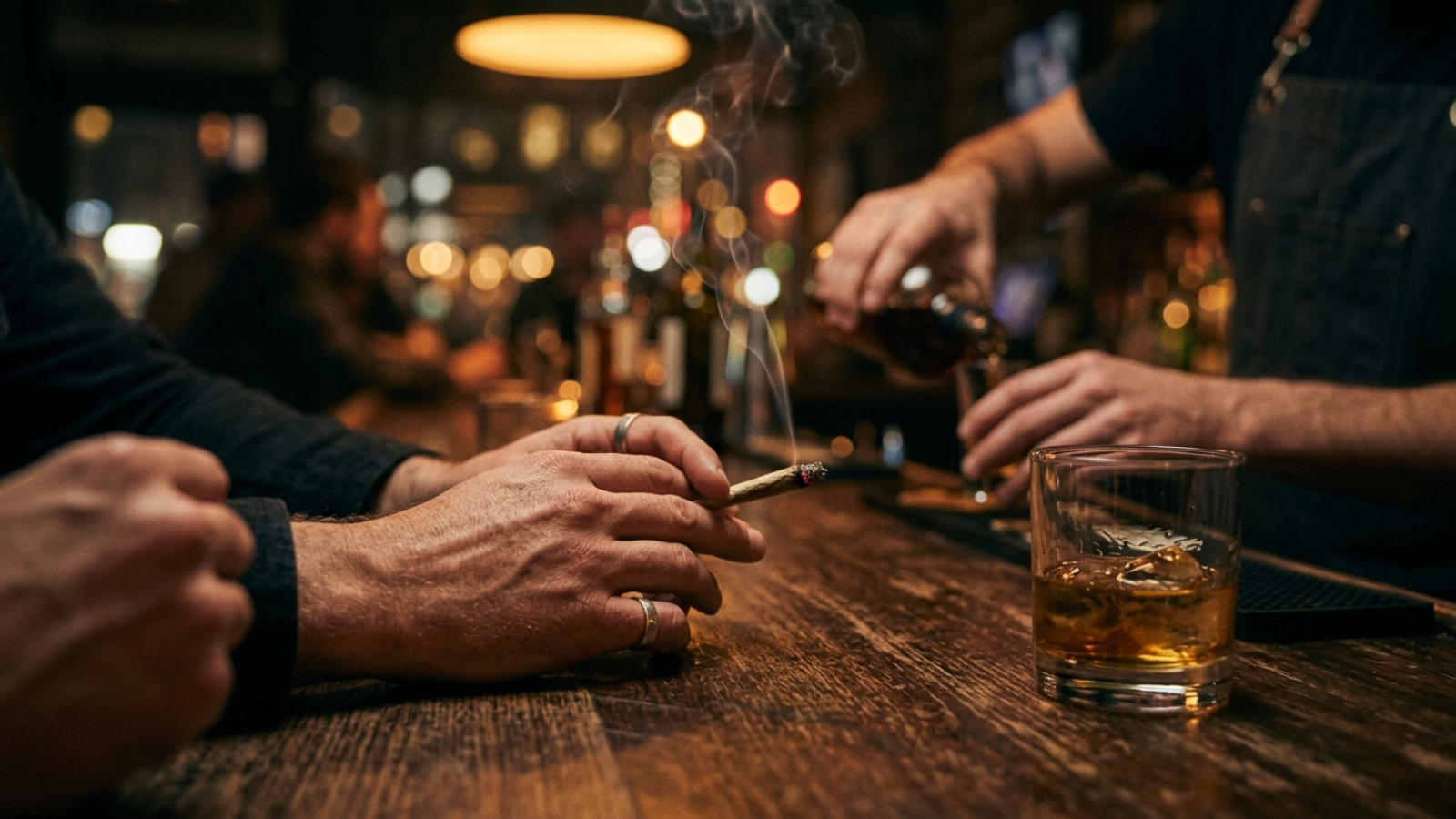 Close-up of a lit cannabis joint on a bar counter with a whiskey drink.