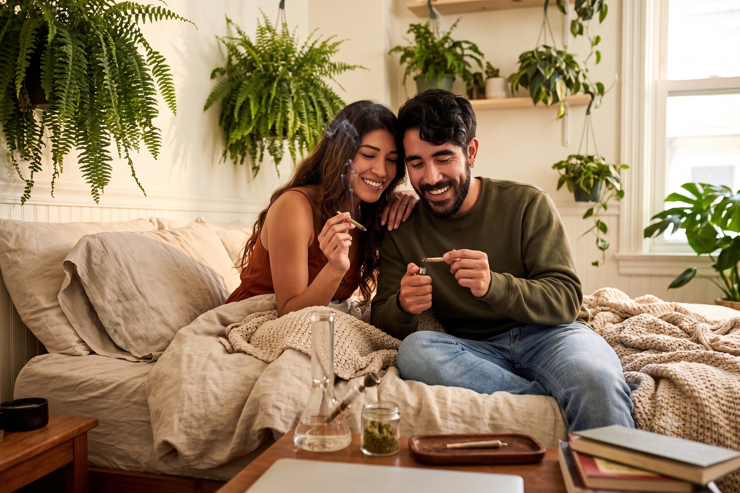 Couple enjoying a White Truffle strain joint during a casual evening together.