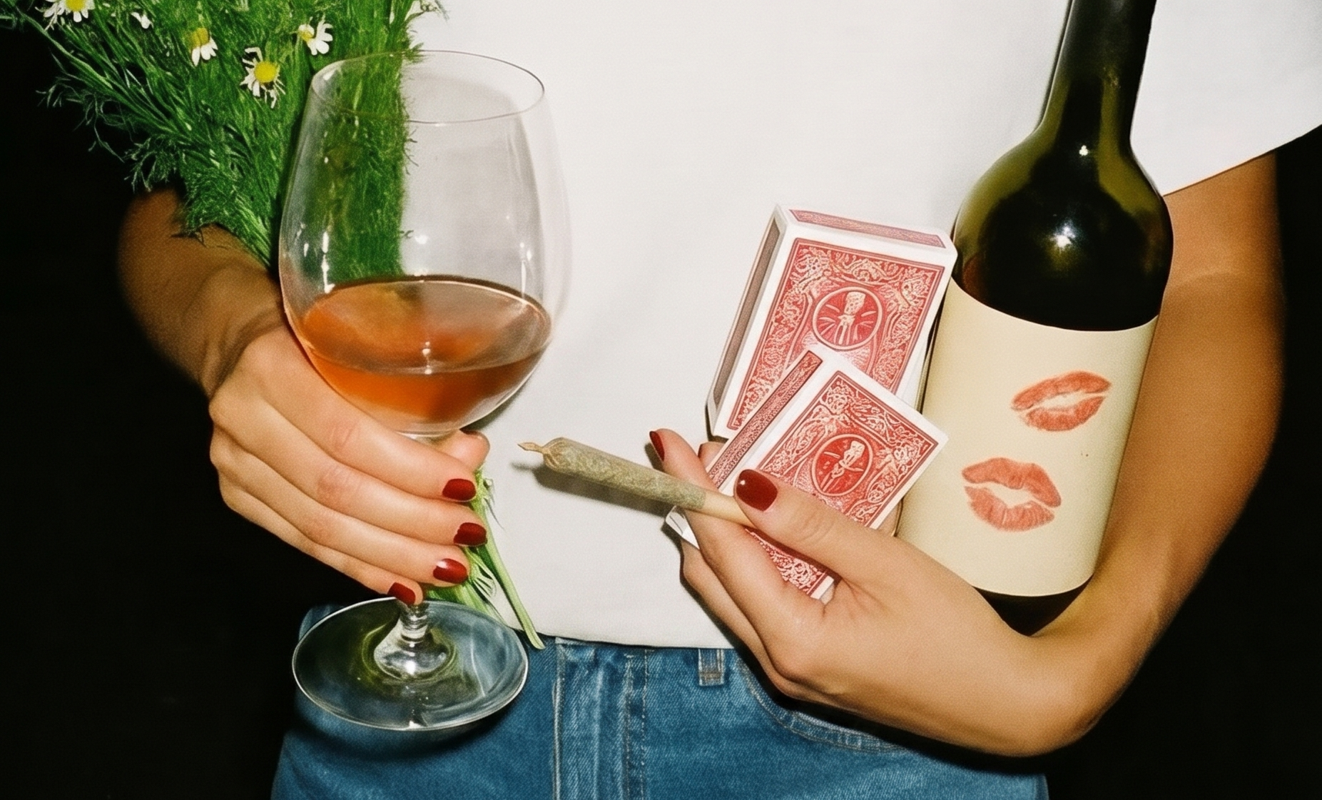 Woman holding a lit Apples and Bananas cannabis joint.
