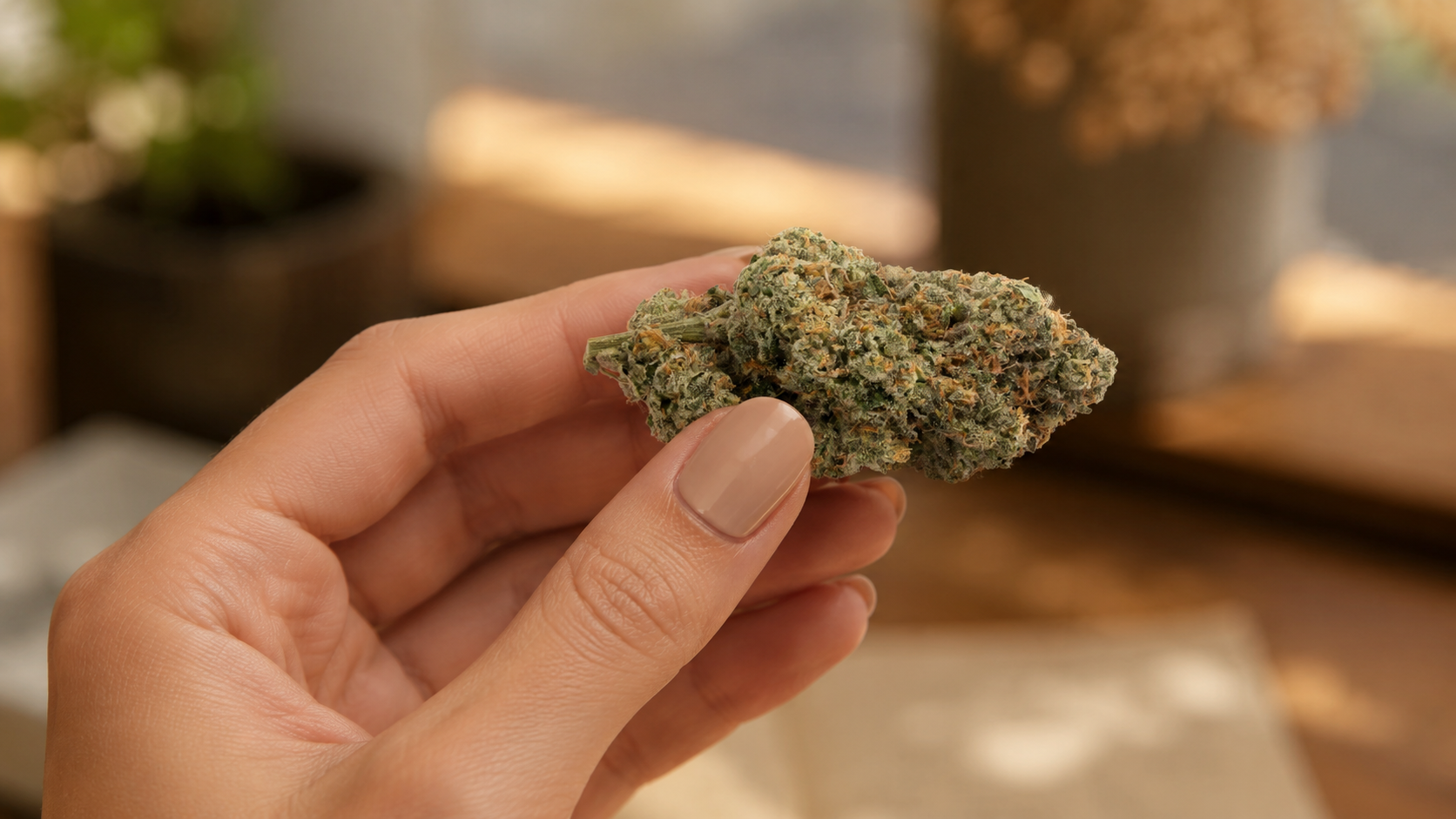 Hand holding a premium Apples and Bananas cannabis bud covered in frosty trichomes
