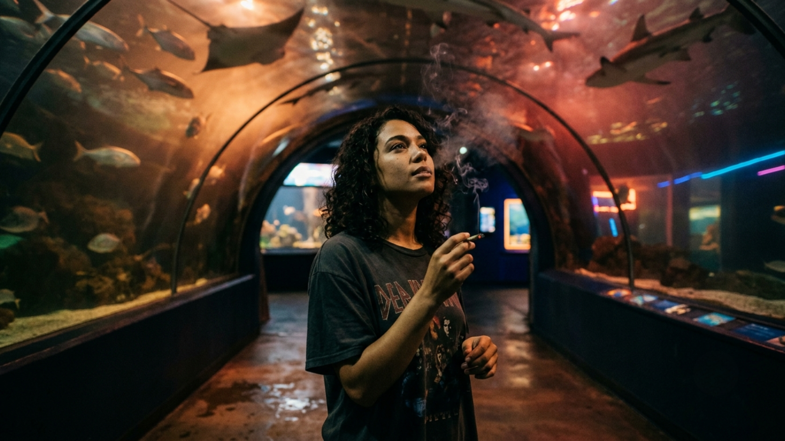 Woman smoking a joint inside a glowing amber aquarium tunnel with fish.