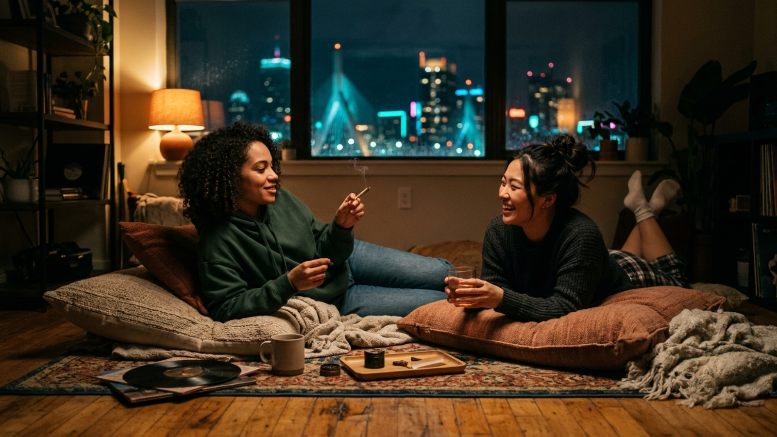 Two friends sharing a joint in a cozy apartment with city views.