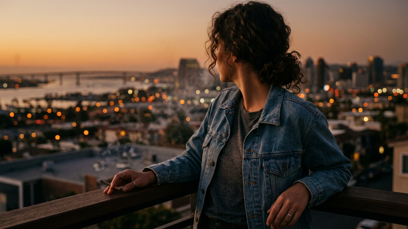 Woman with joint on rooftop balcony looking at city lights during golden hour.
