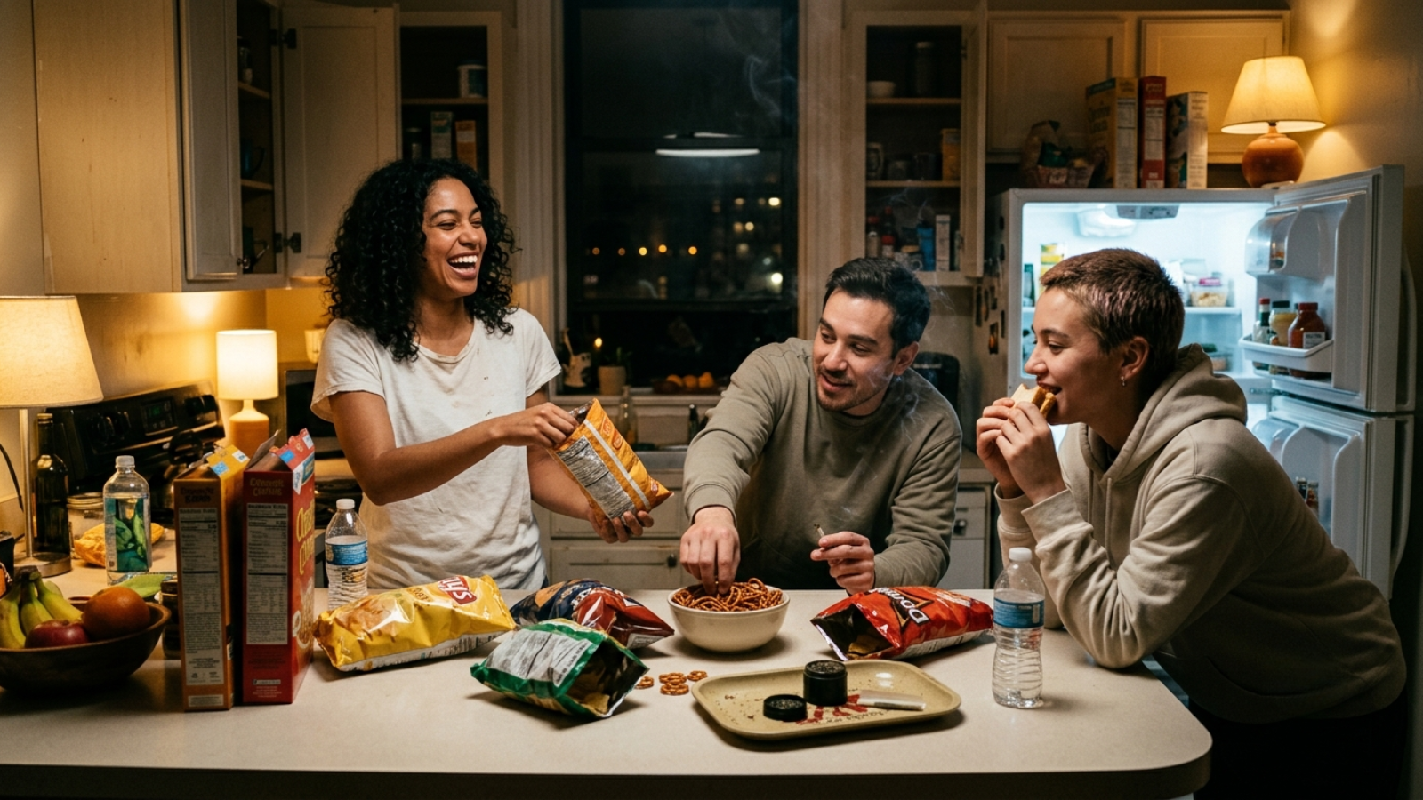 Group enjoying a late-night munchies session with snacks on a kitchen counter