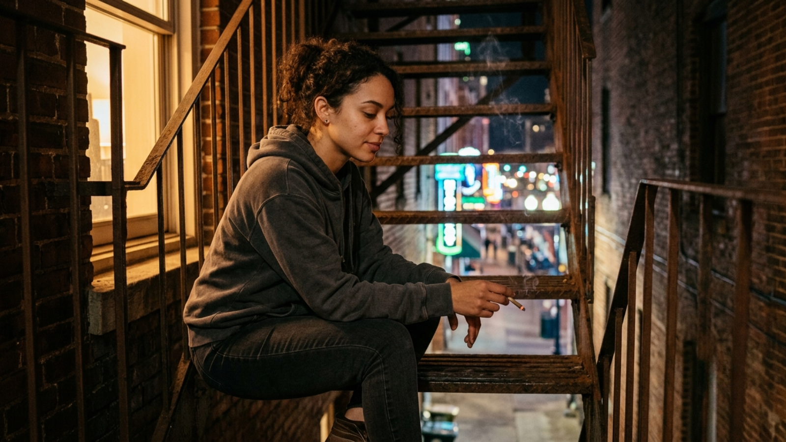 Woman in hoodie sits on urban fire escape steps holding lit joint at night