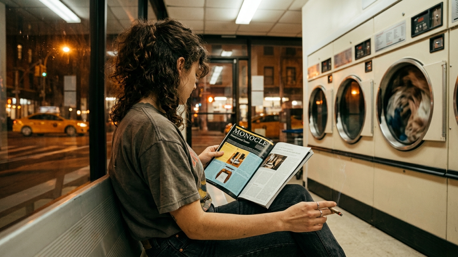 Woman reading a magazine and holding a joint in a late-night laundromat