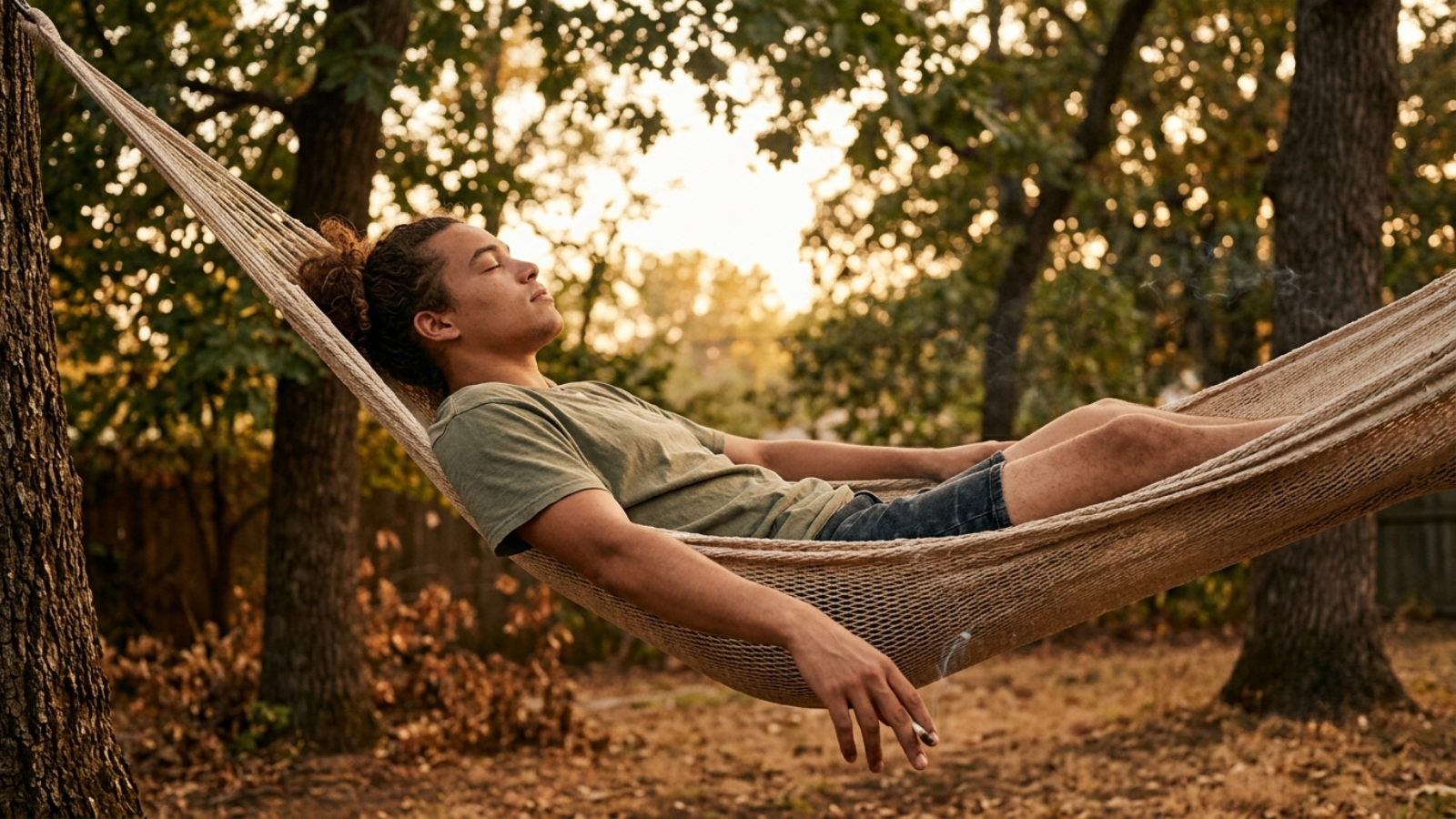 Person relaxes in hammock during golden hour, holding cannabis joint, looking up