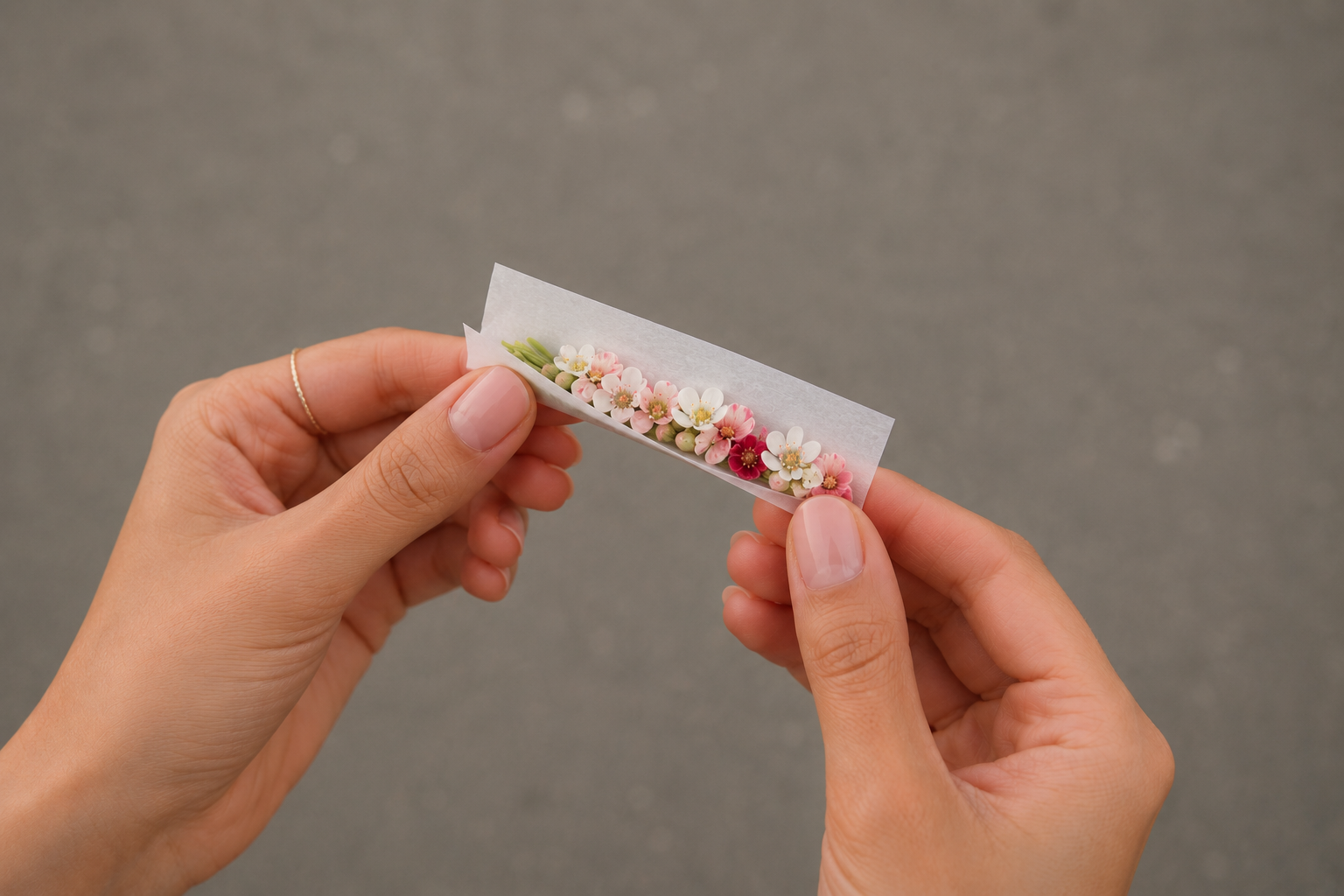 Close-up of hands rolling a cannabis joint with colorful flowers