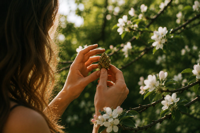 Woman holding a Pinnacle cannabis strain