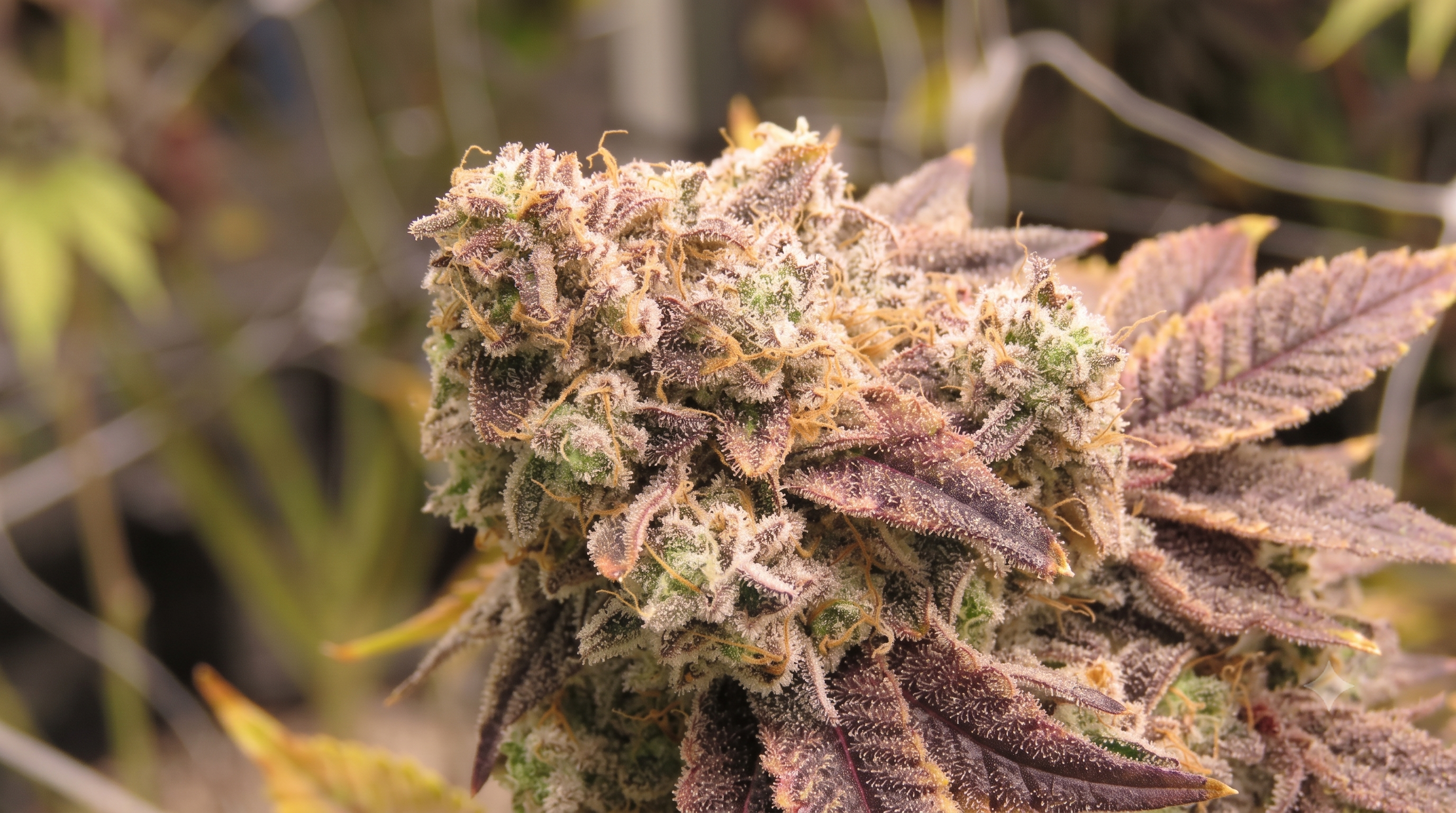Macro view of a Rainbow Belts cannabis bud showcasing vibrant colors and sparkling resin.