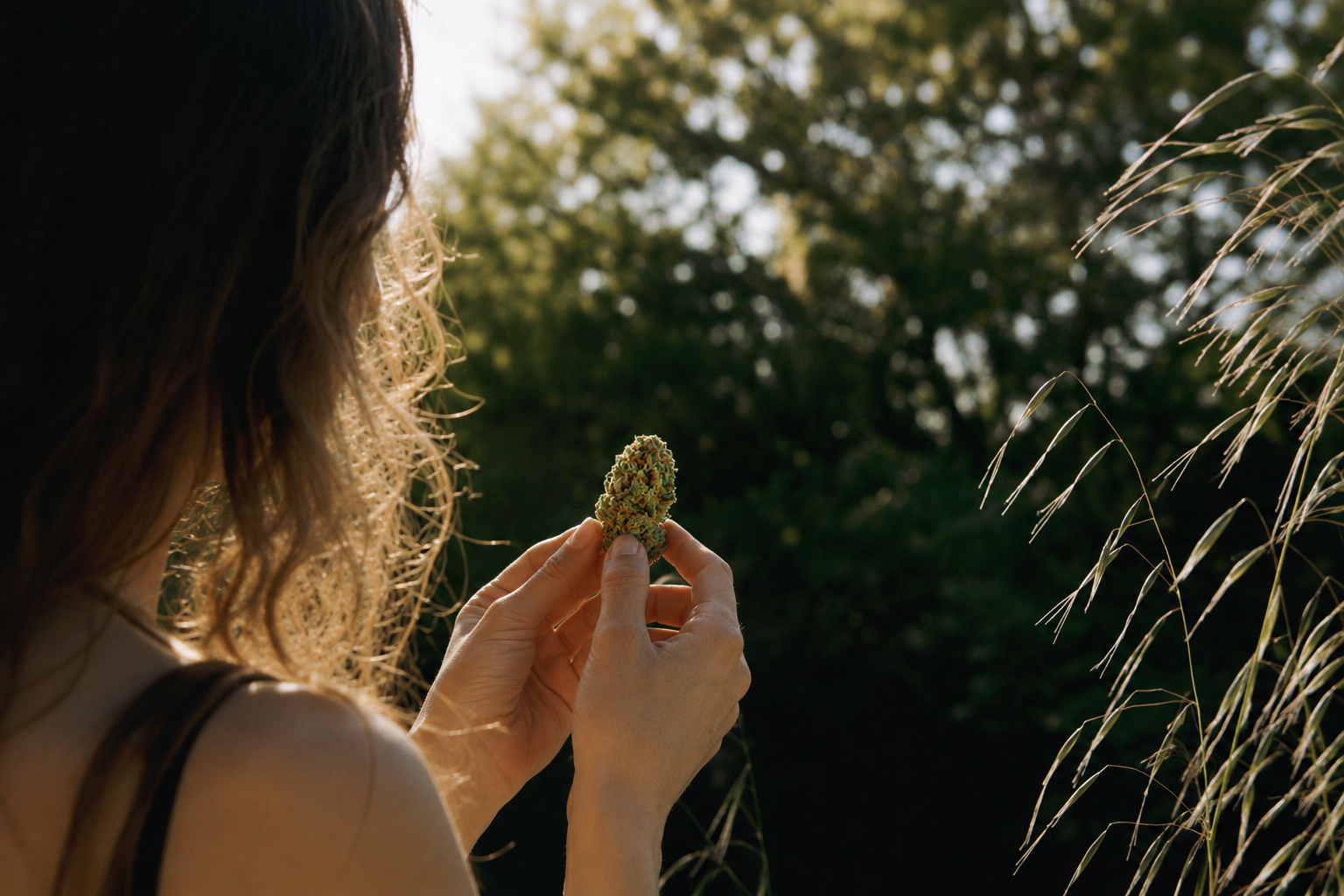 Woman holding a Rainbow Belts strain