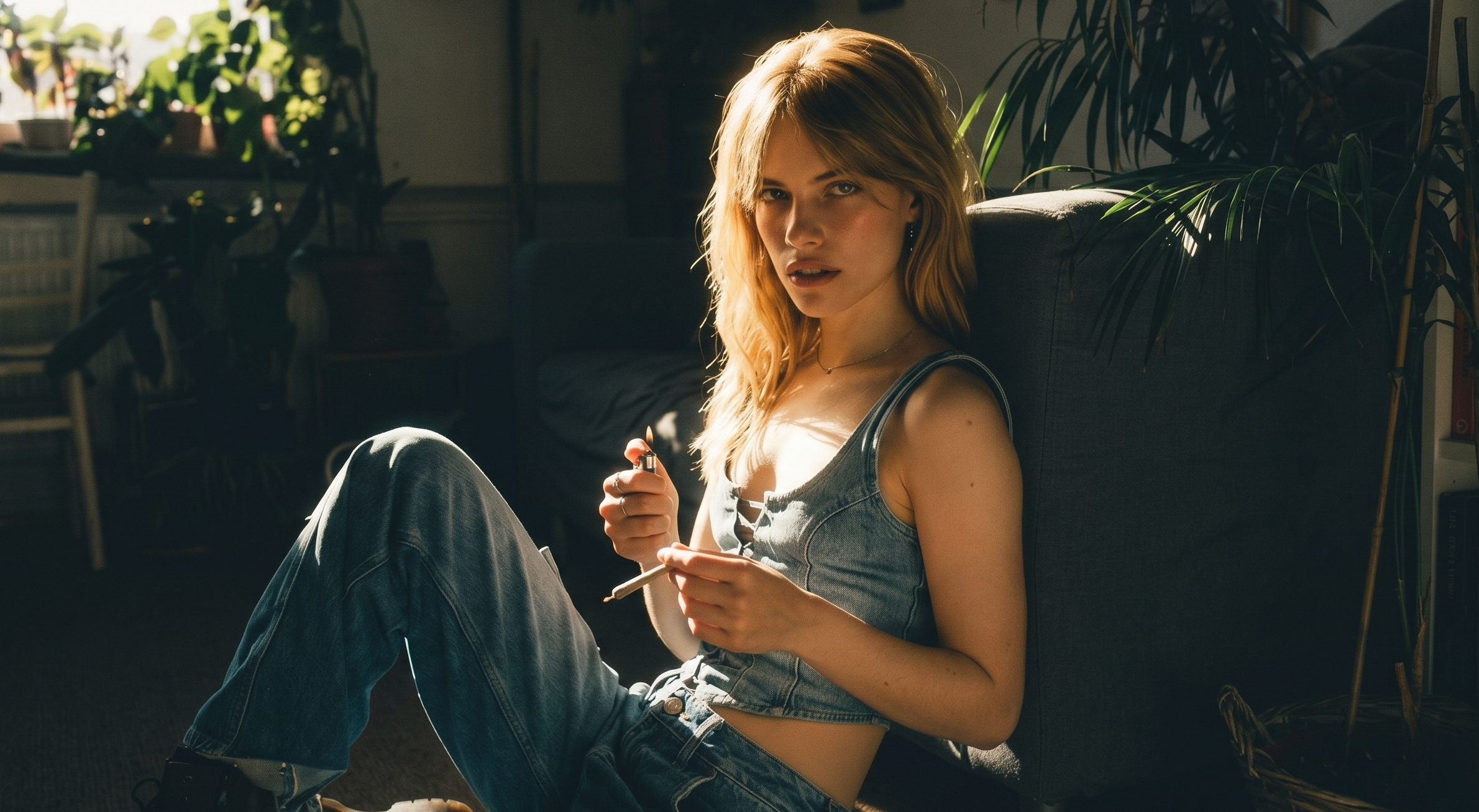 woman looking at the camera while lighting a joint