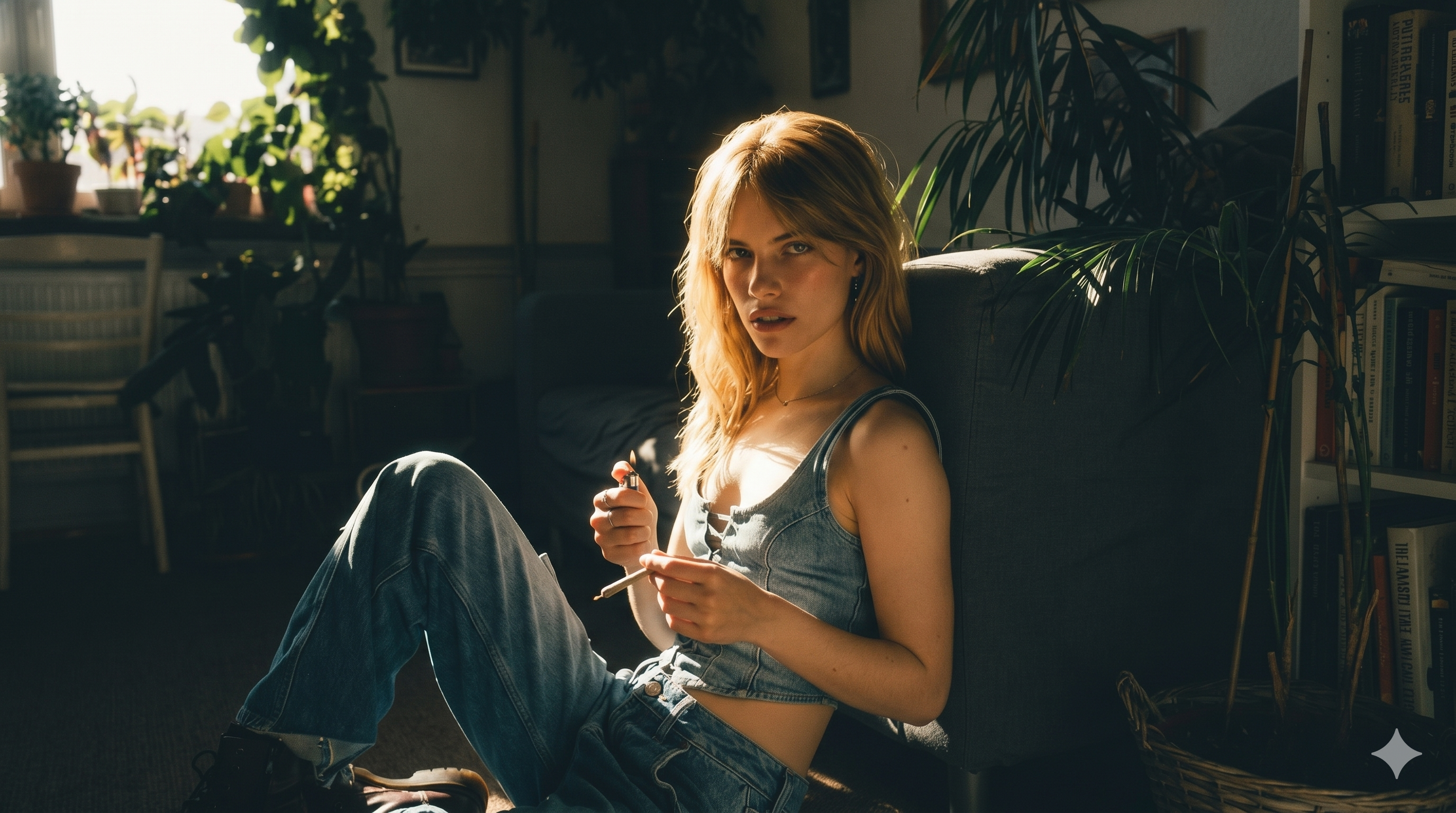 woman looking at the camera while lighting a joint