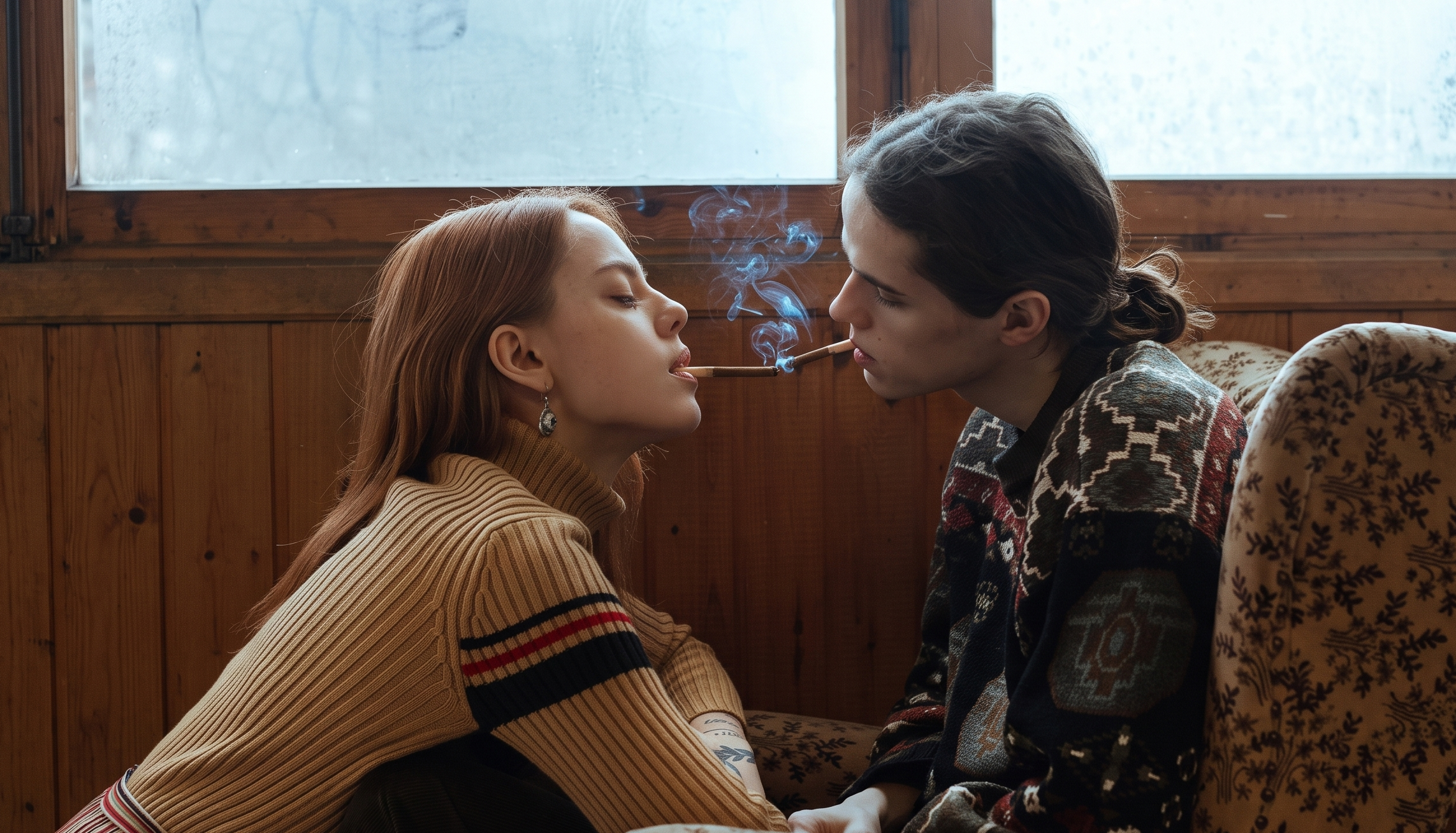 Two friends enjoying a cannabis joint together in a casual social environment