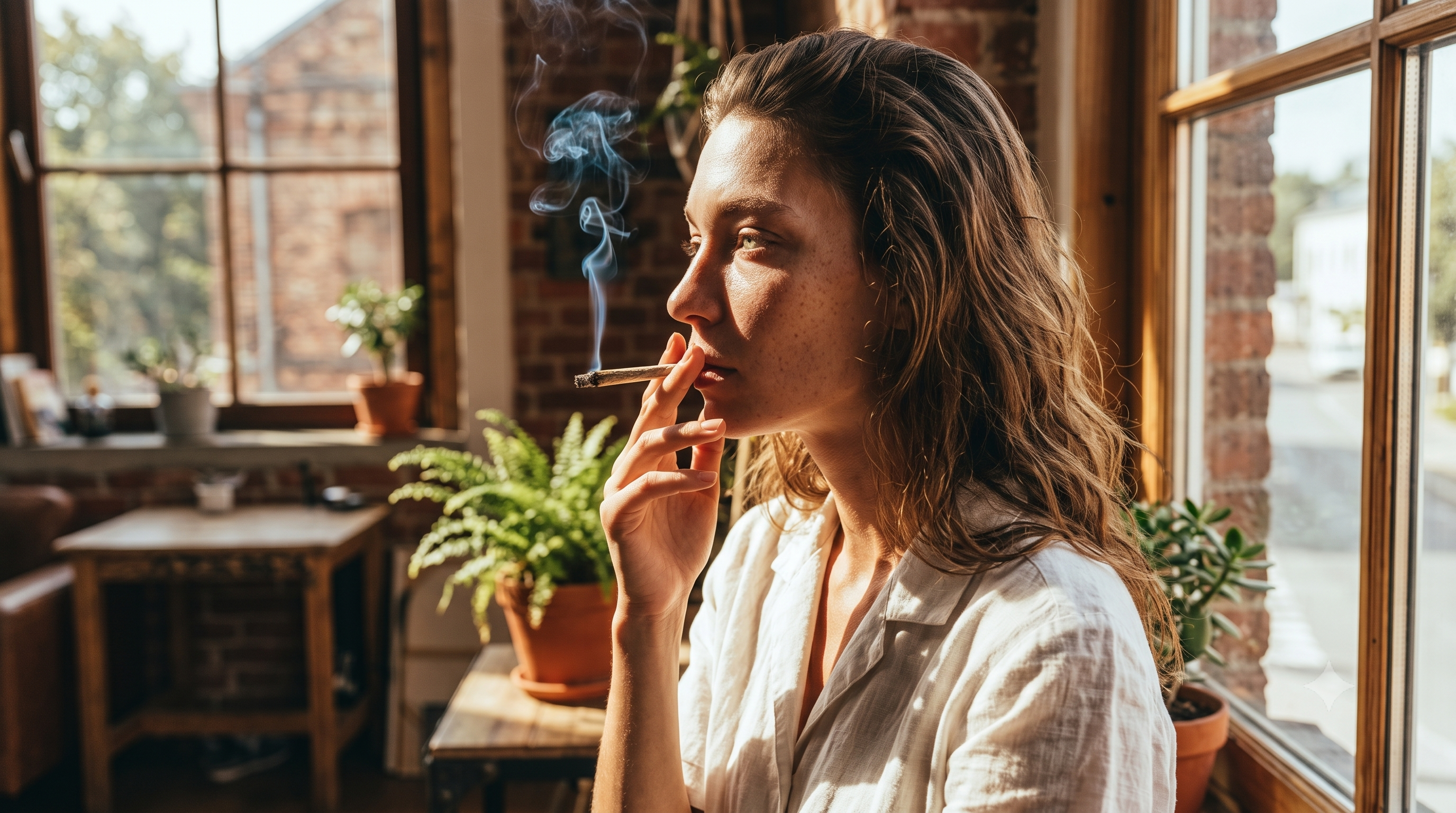 Woman smoking a hand-rolled cannabis joint
