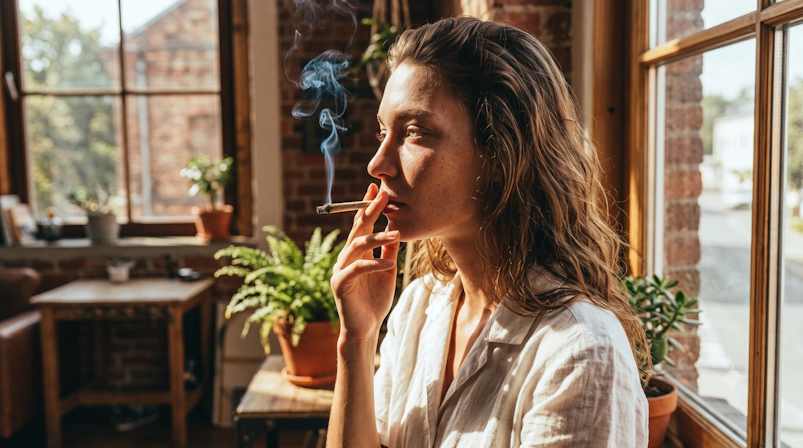 Woman smoking a hand-rolled cannabis joint