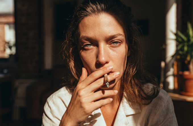 Woman smoking a hand-rolled cannabis joint