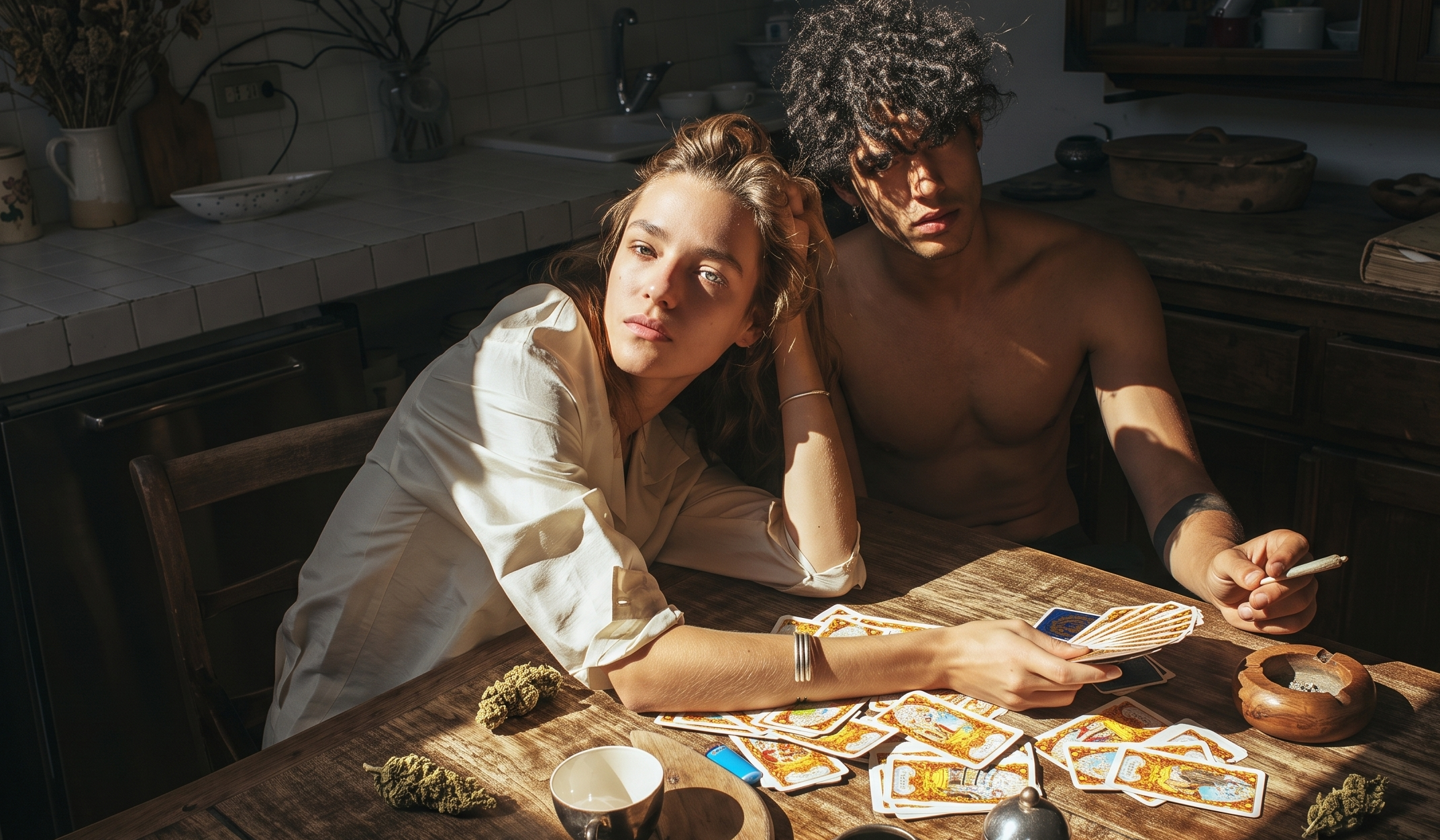 Close-up of two friends passing a hand-rolled joint while spending time together