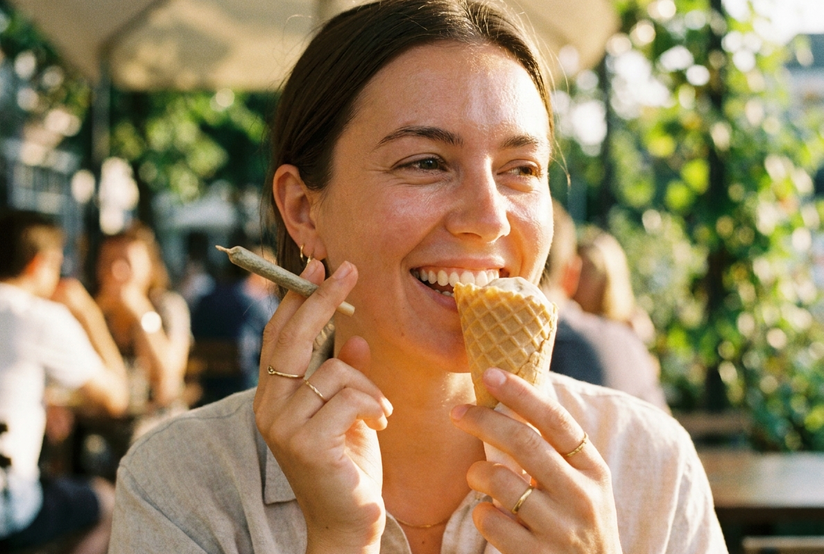 Woman enjoying an ice cream cone while smoking a hand-rolled cannabis joint