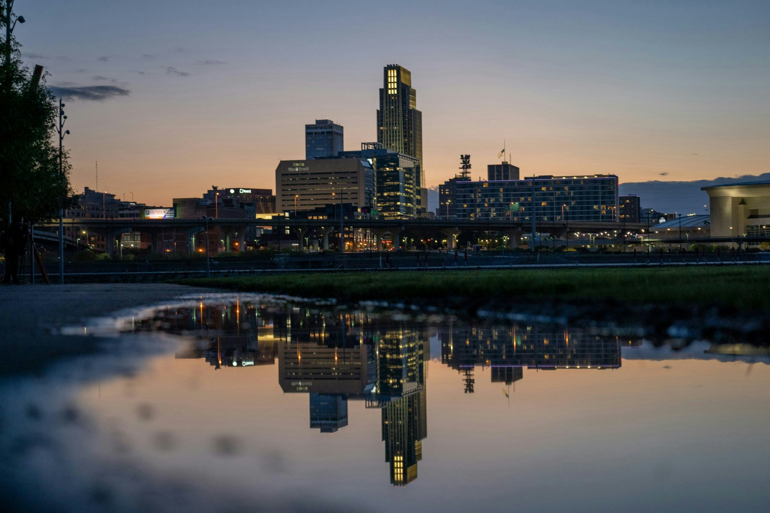 View of the Missouri River with the Omaha skyline and downtown buildings in the background