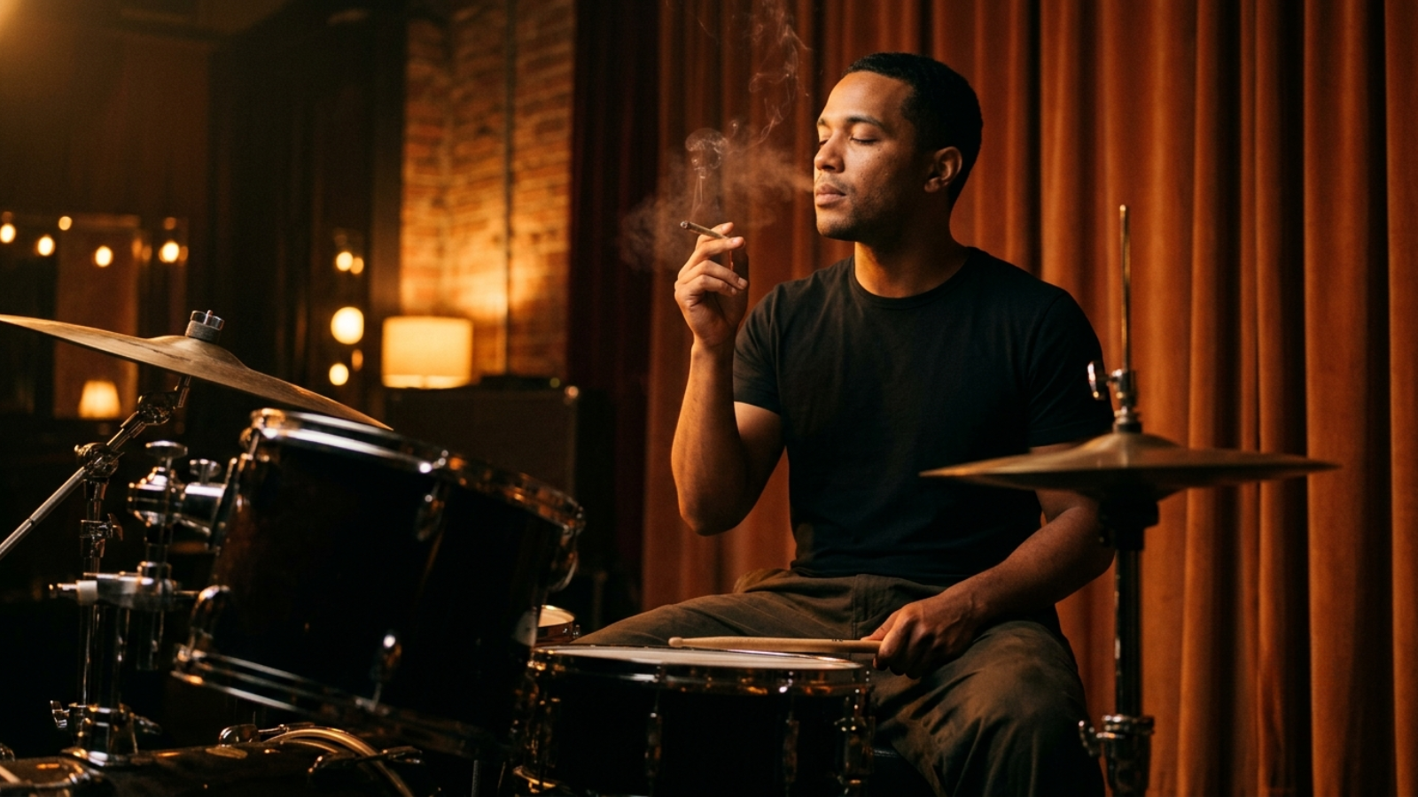 Close-up of a drummer holding a joint with drumsticks resting on a snare.