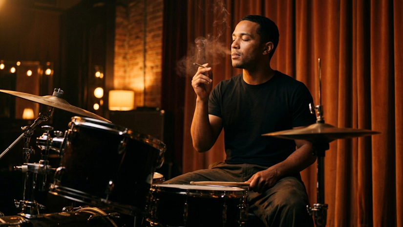 Close-up of a drummer holding a joint with drumsticks resting on a snare.