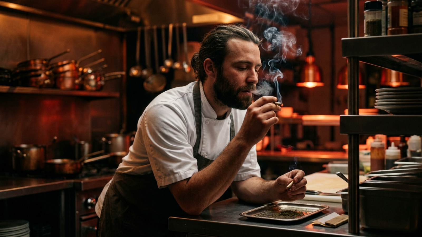 Chef smoking a joint in restaurant kitchen with copper pots and warm lighting
