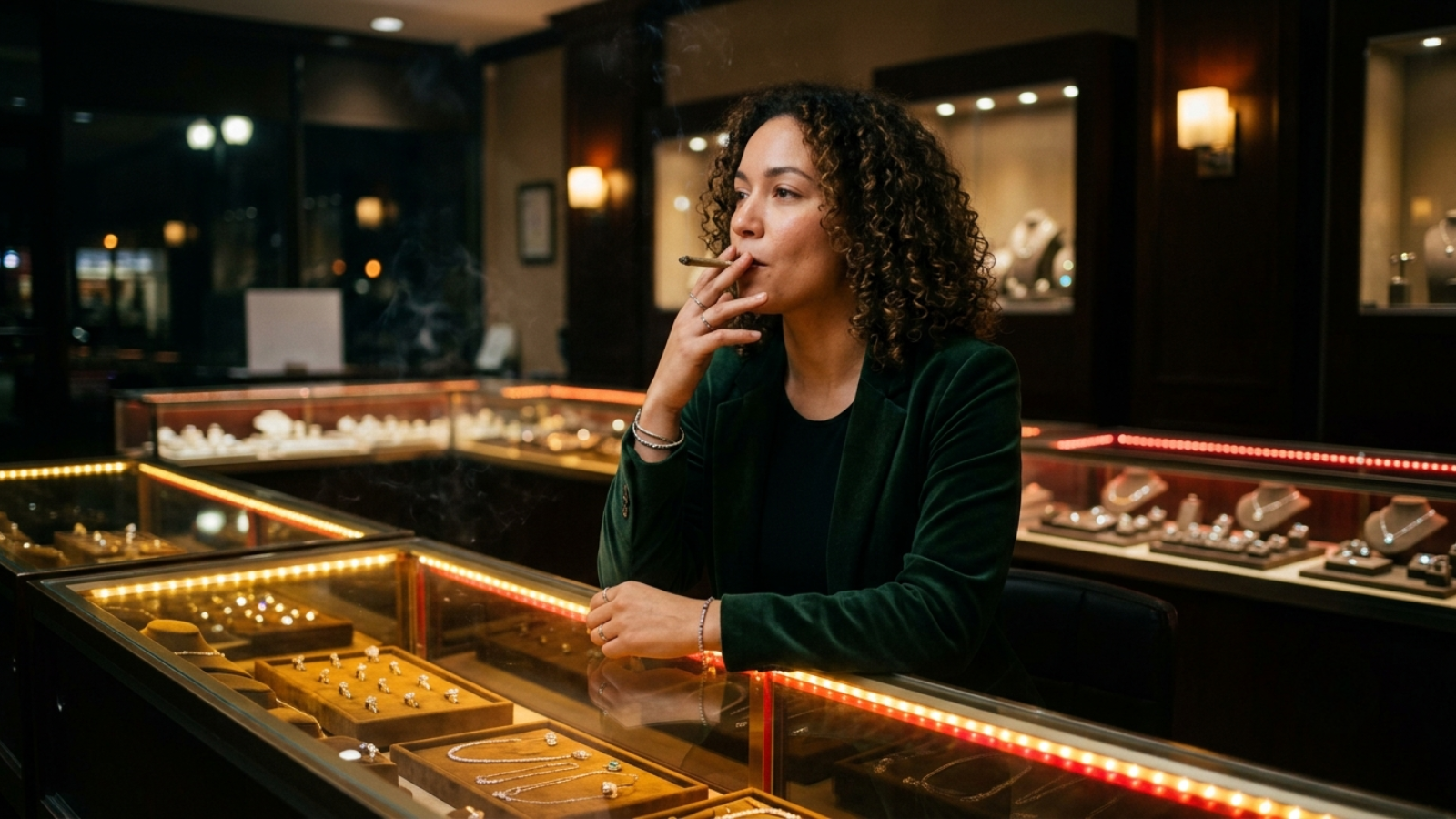 Woman smoking a joint inside jewelry store with sparkling display cases and velvet trays.