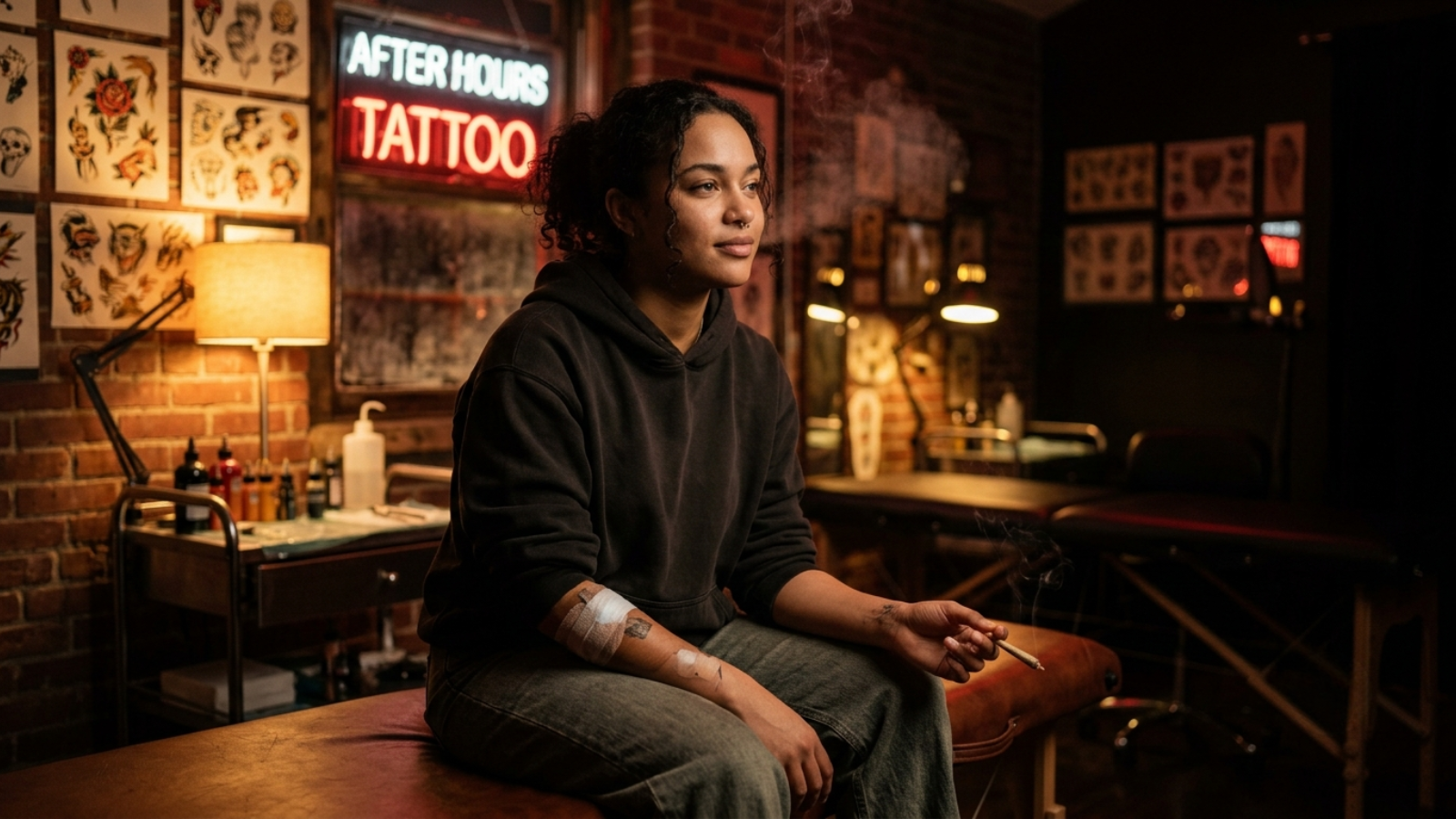 Tattoo client relaxing with joint in tattoo studio surrounded by ink bottles and shadows