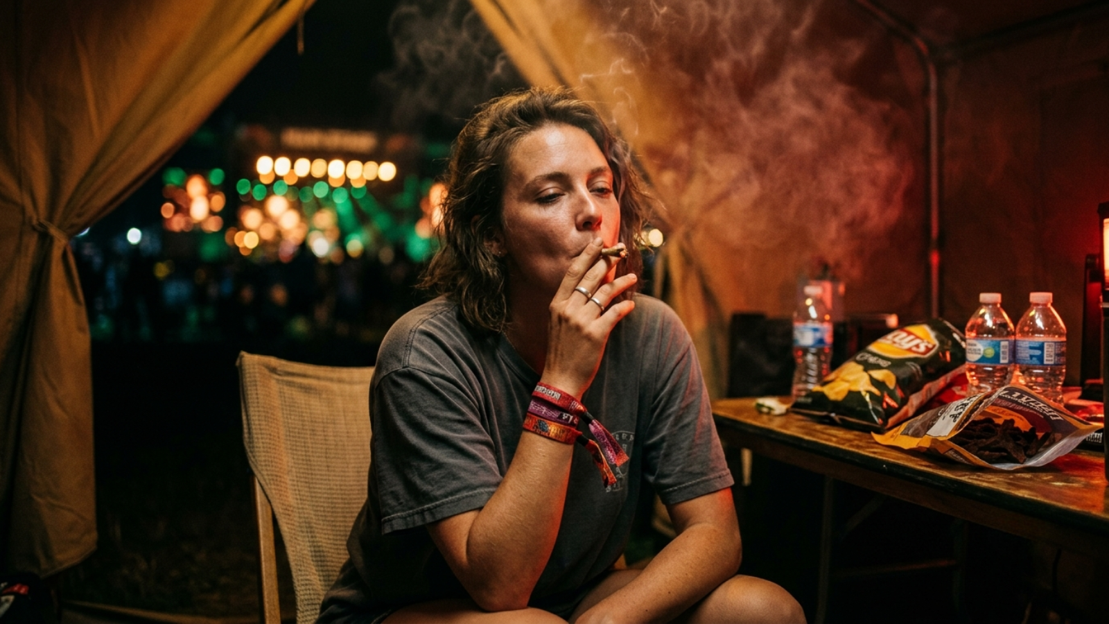 Woman relaxing in festival artist tent smoking joint with amber lighting and snacks