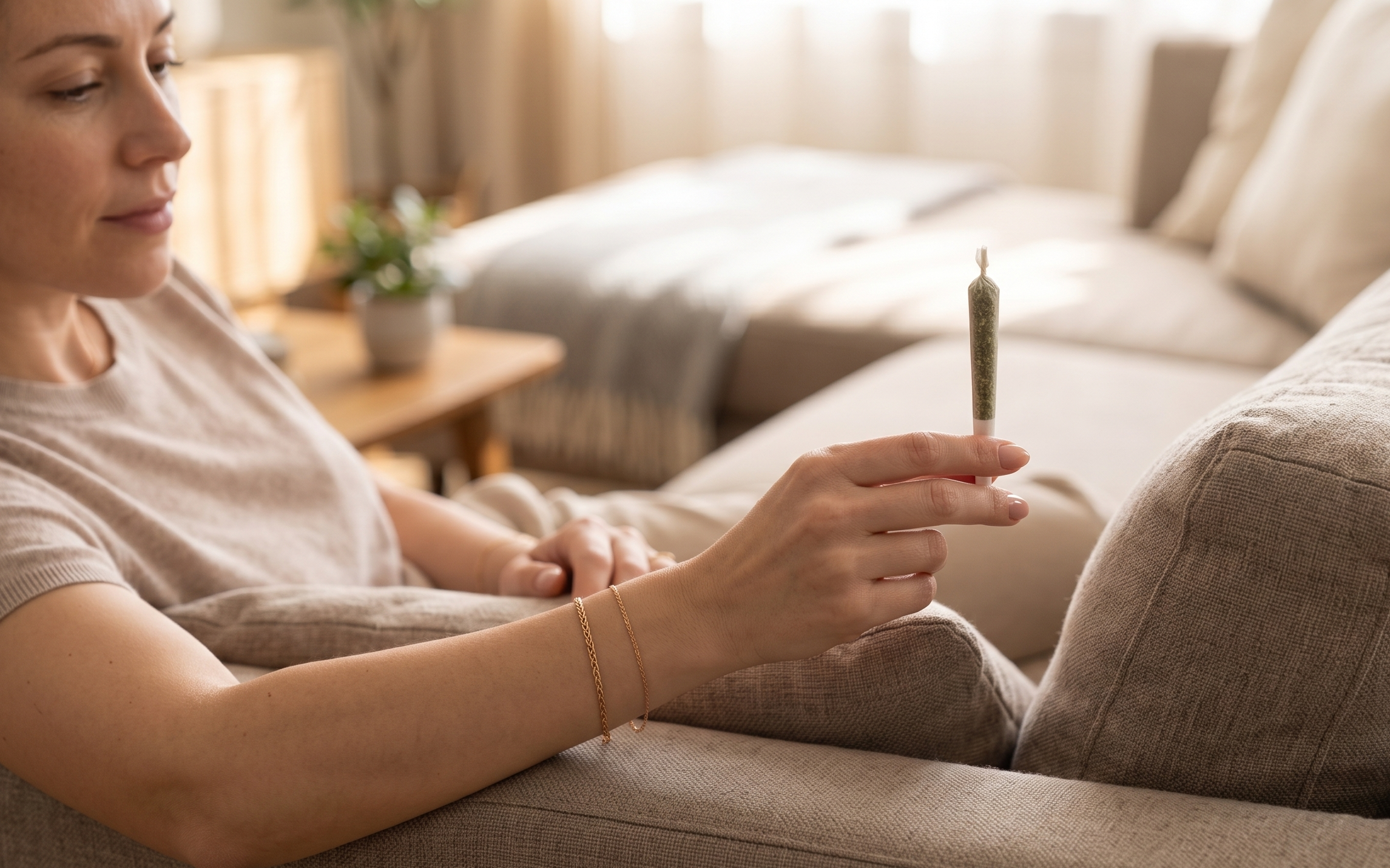 Adult woman holding a hand-rolled joint