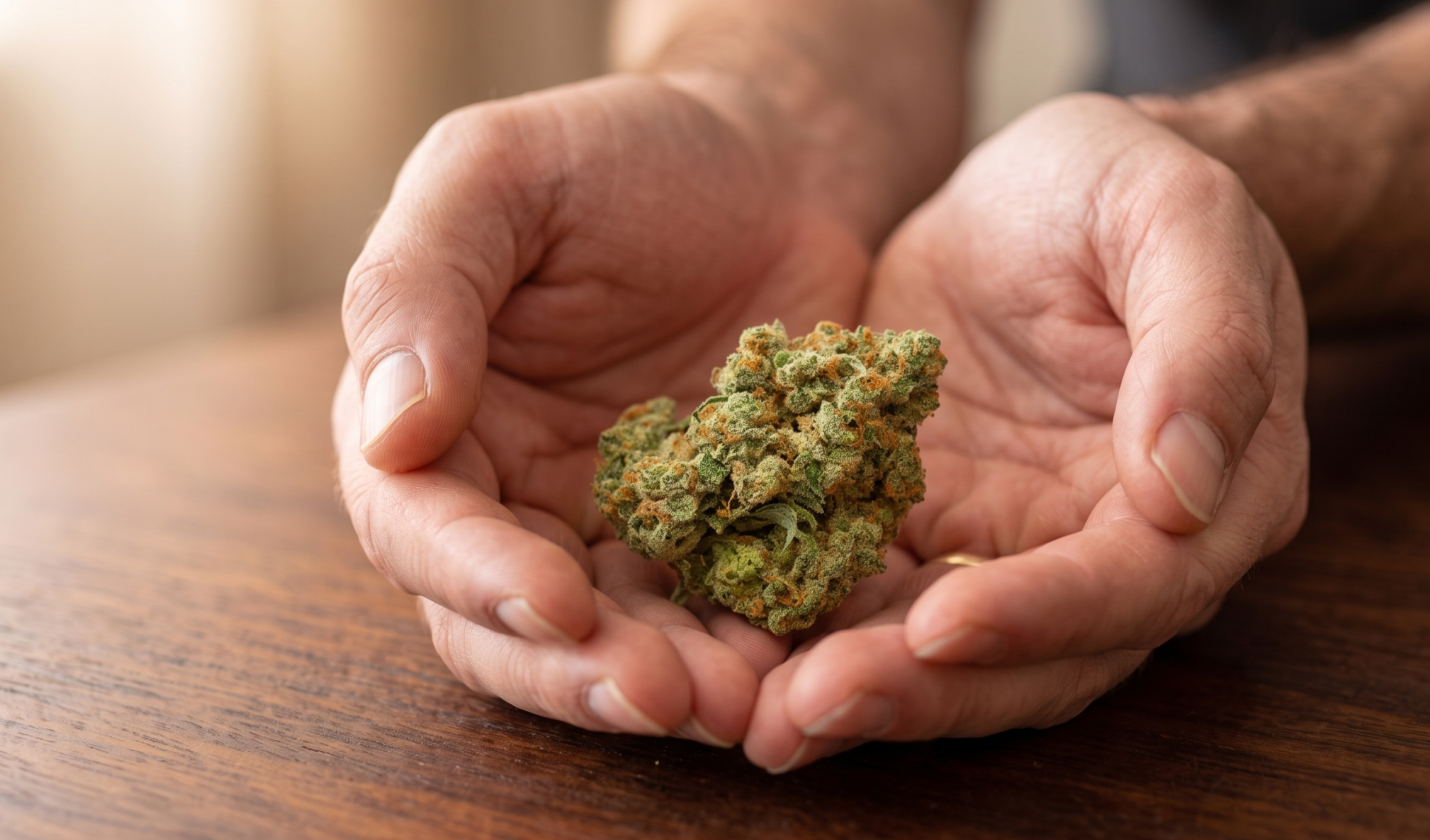 Hand holding a premium Apple Tartz cannabis bud covered in sparkling trichomes