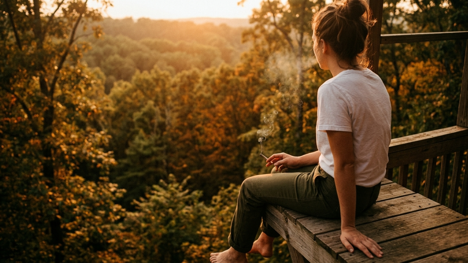 Solo figure on elevated treehouse platform above forest in warm golden hour