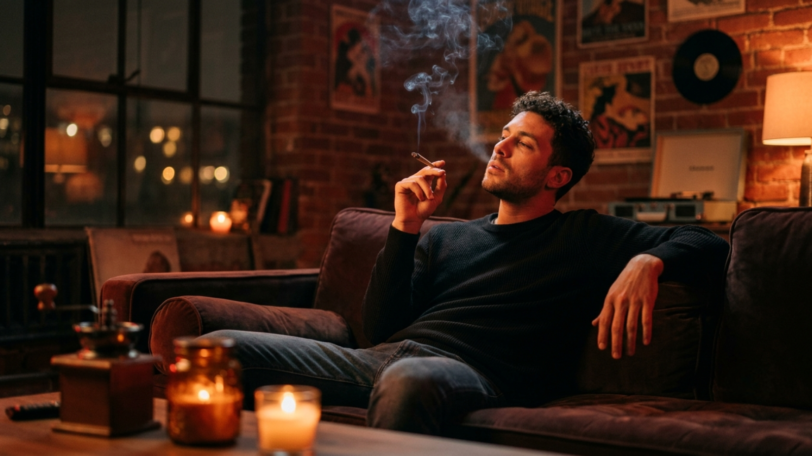 Man smoking joint on velvet couch in dim loft apartment with candlelight bokeh