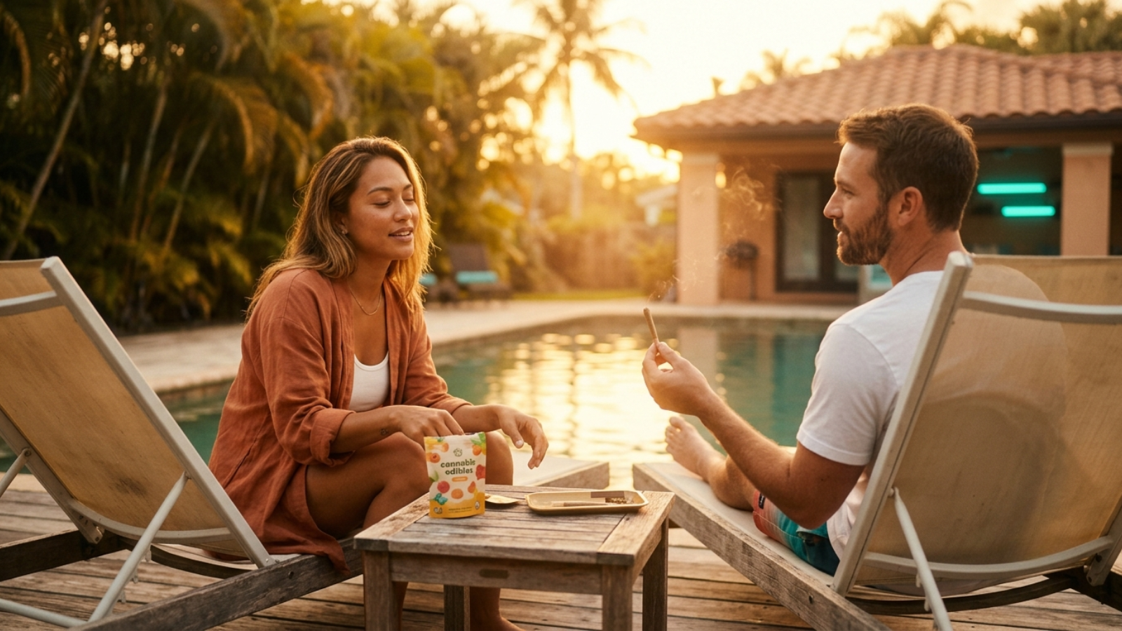 Friends enjoying a relaxing evening poolside under warm, hazy golden hour light.