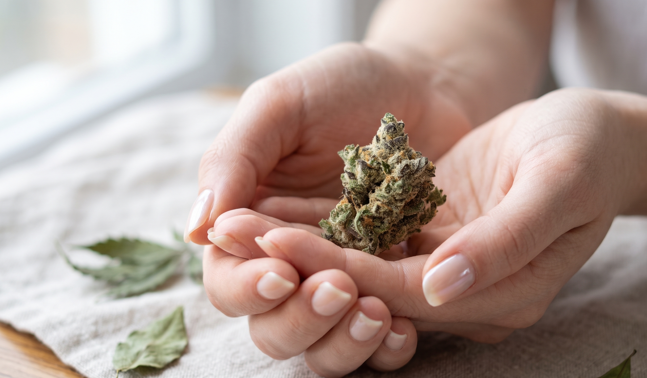 Hand holding a premium Don Mega cannabis bud covered in frosty trichomes