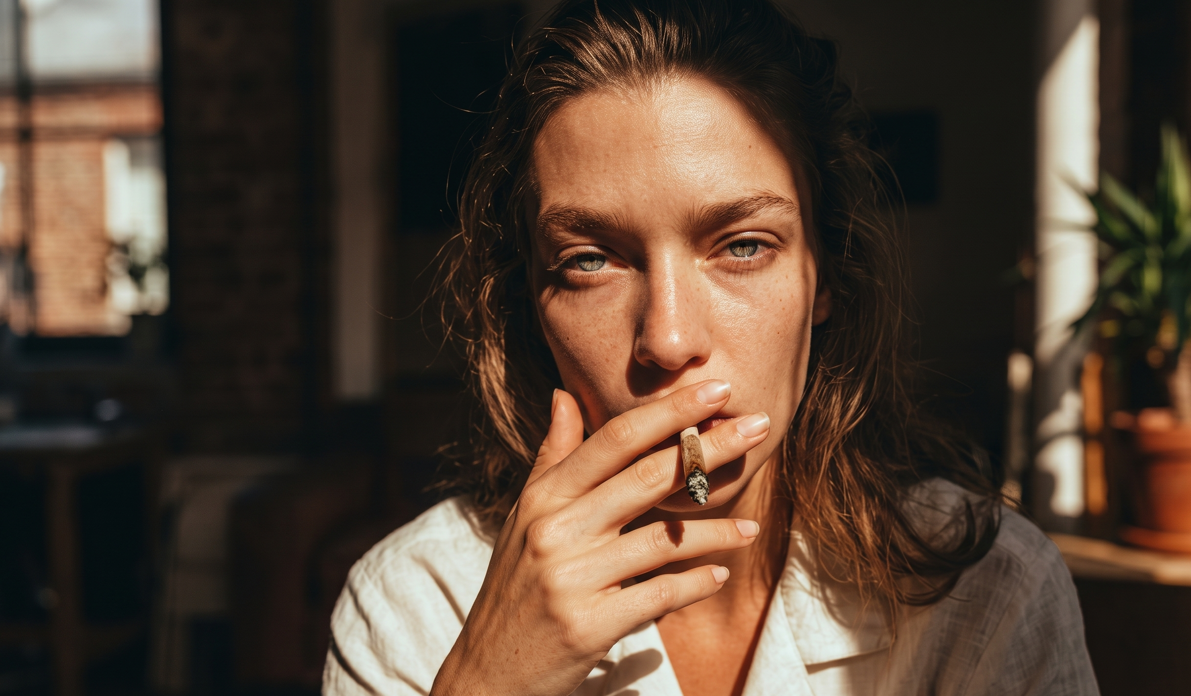 Elegant woman smoking a hand-rolled cannabis joint in a relaxed outdoor setting.
