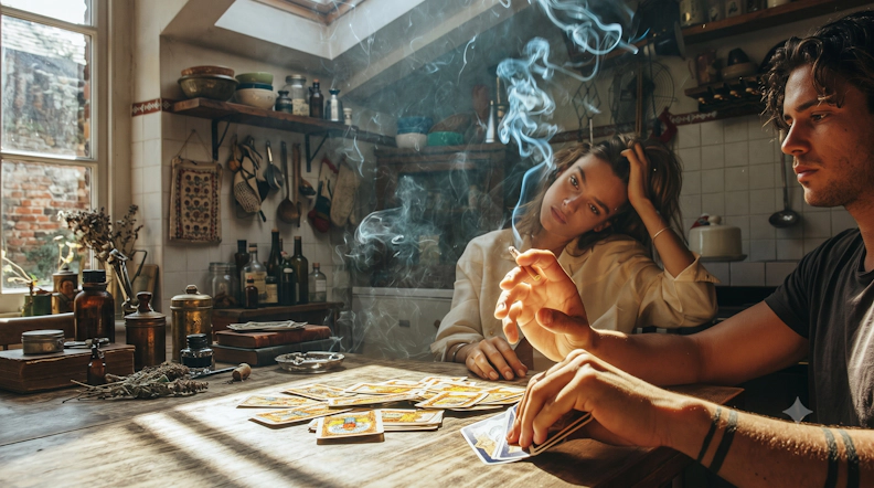Adult woman enjoying a hand-rolled cannabis joint in a cozy indoor space