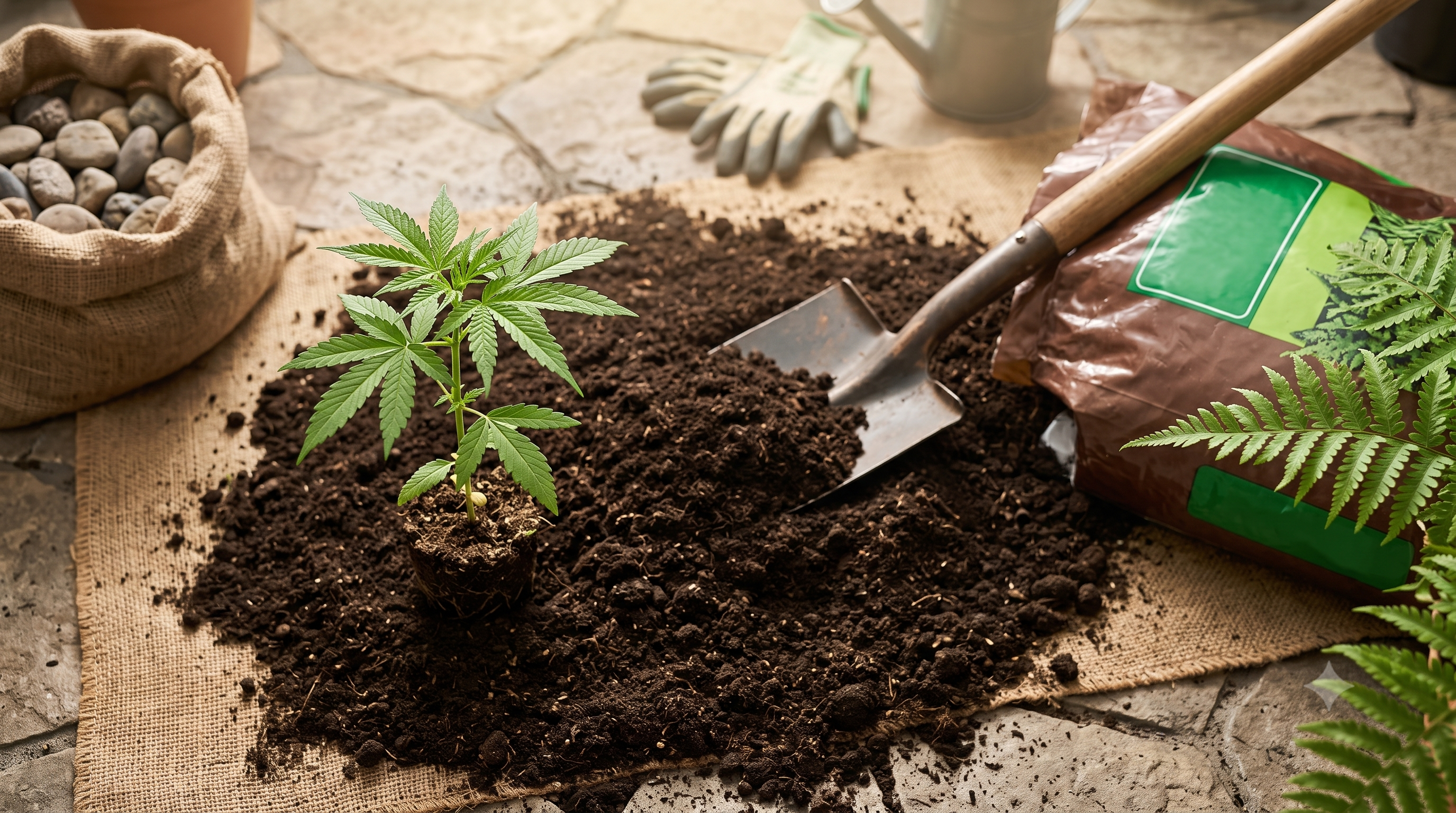 Indoor cannabis cultivation setup with nutrient-fed flowering plants
