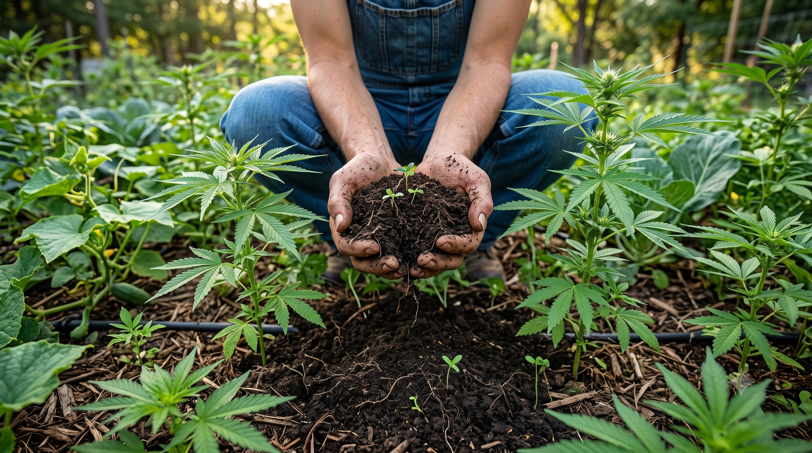 Person applying fertilizer to healthy cannabis plants